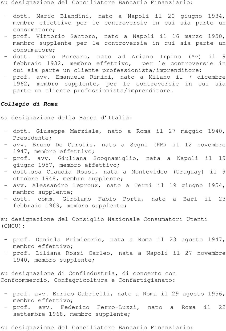 Dario Purcaro, nato ad Ariano Irpino (Av) il 9 febbraio 1932, membro effettivo, per le controversie in cui sia parte un cliente professionista/imprenditore; - prof. avv.