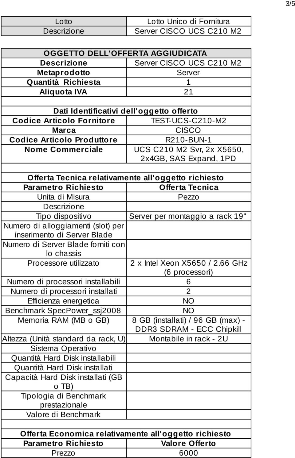 relativamente all'oggetto richiesto Parametro Richiesto Offerta Tecnica Unita di Misura Pezzo Tipo dispositivo Server per montaggio a rack 19" Numero di alloggiamenti (slot) per inserimento di Server