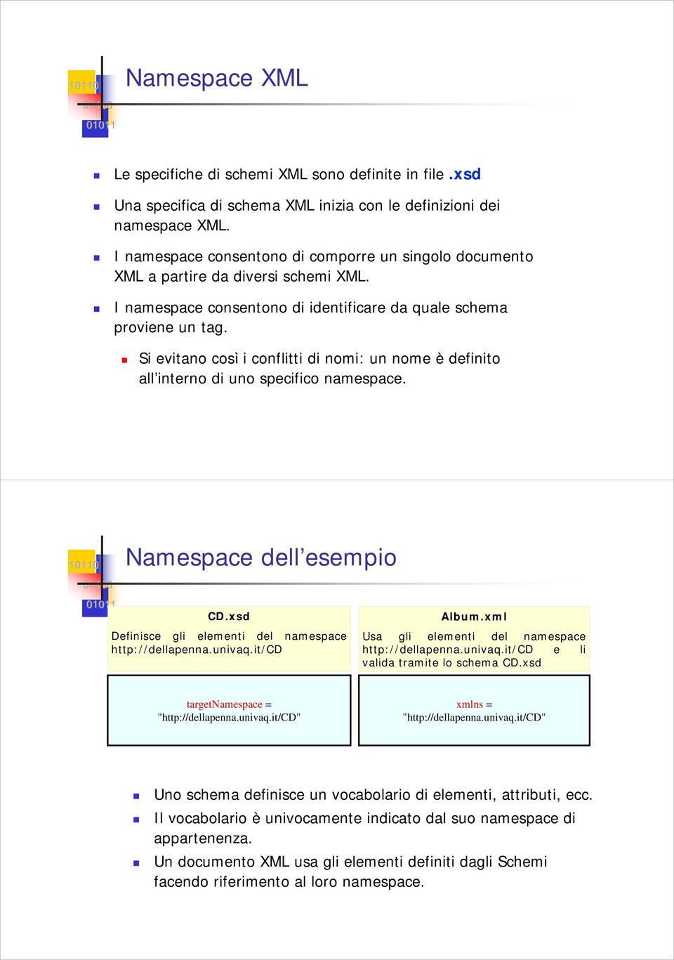 Si evitano così i conflitti di nomi: un nome è definito all interno di uno specifico namespace. Namespace dell esempio CD.xsd Definisce gli elementi del namespace http://dellapenna.univaq.it/cd Album.