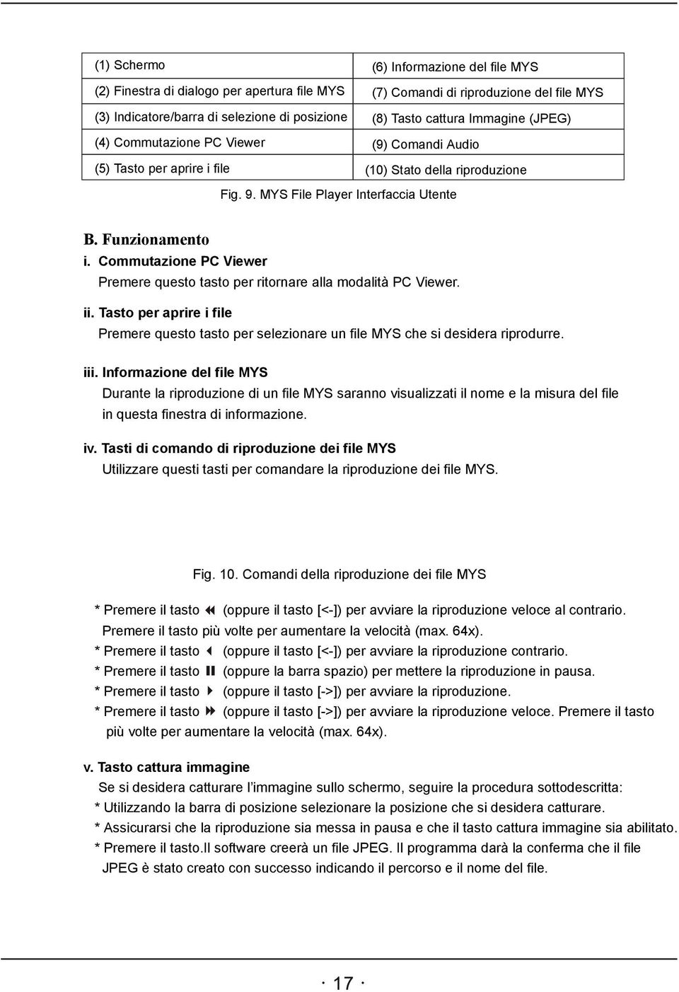 Commutazione PC Viewer Premere questo tasto per ritornare alla modalità PC Viewer. ii. Tasto per aprire i file Premere questo tasto per selezionare un file MYS che si desidera riprodurre. iii.