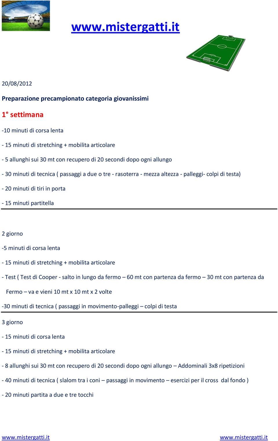 lungo da fermo 60 mt con partenza da fermo 30 mt con partenza da Fermo va e vieni 10 mt x 10 mt x 2 volte -30 minuti di tecnica ( passaggi in movimento-palleggi colpi di testa 3 giorno - 15 minuti di