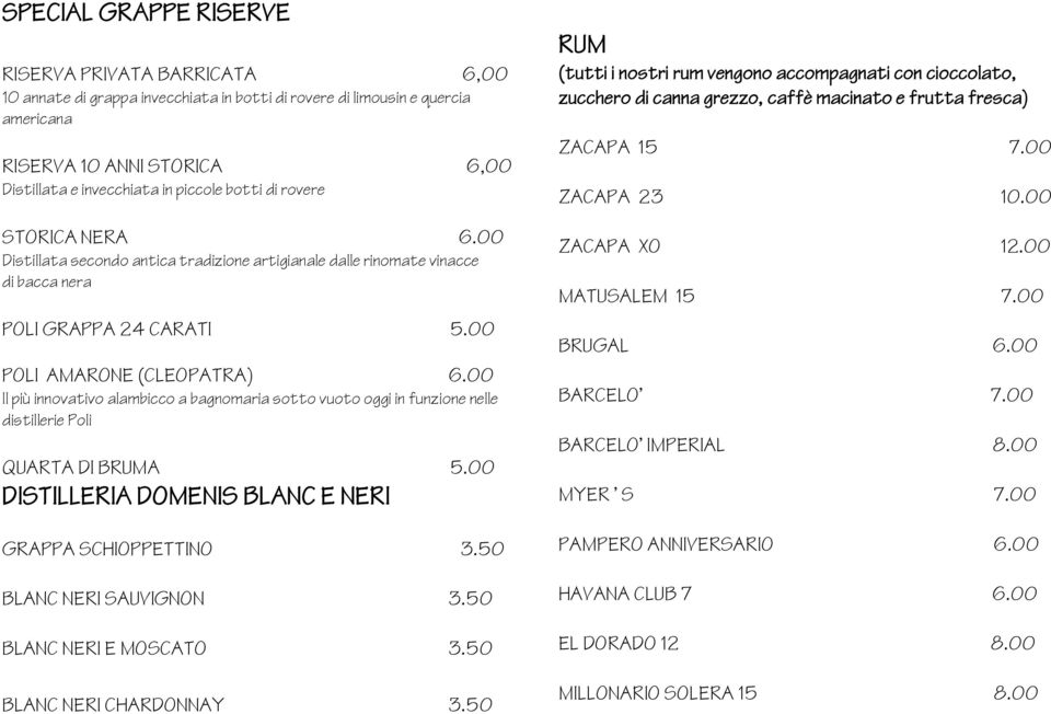 00 Il più innovativo alambicco a bagnomaria sotto vuoto oggi in funzione nelle distillerie Poli QUARTA DI BRUMA 5.00 DISTILLERIA DOMENIS BLANC E NERI GRAPPA SCHIOPPETTINO 3.50 BLANC NERI SAUVIGNON 3.