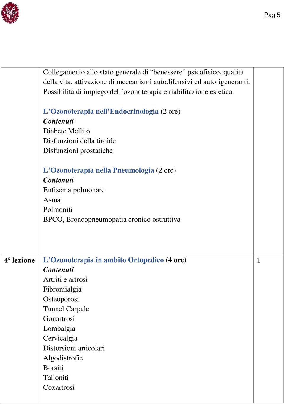 L Ozonoterapia nell Endocrinologia (2 ore) Diabete Mellito Disfunzioni della tiroide Disfunzioni prostatiche L Ozonoterapia nella Pneumologia (2 ore) Enfisema