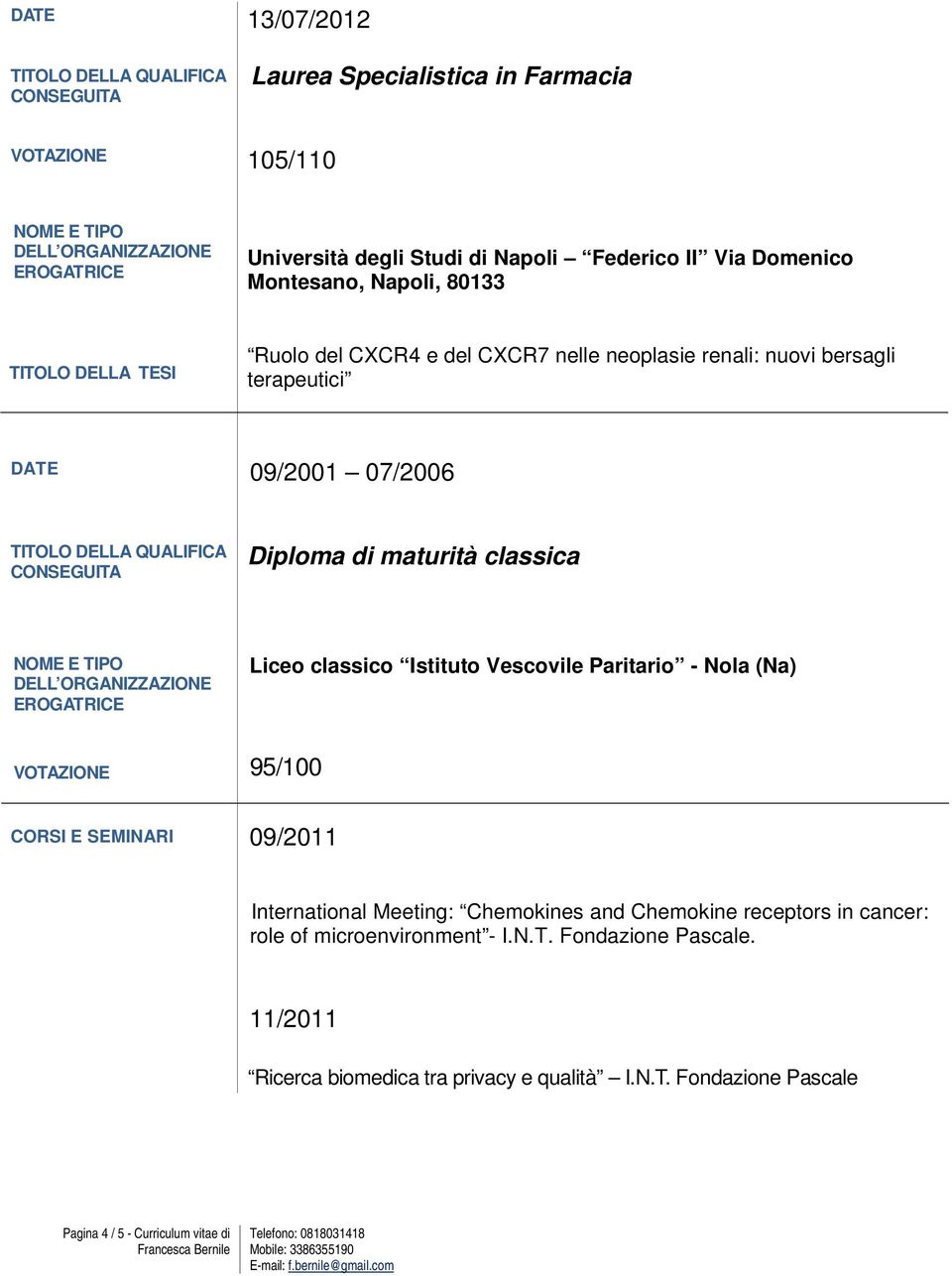 Istituto Vescovile Paritario - Nola (Na) VOTAZIONE 95/100 CORSI E SEMINARI 09/2011 International Meeting: Chemokines and Chemokine receptors in cancer: