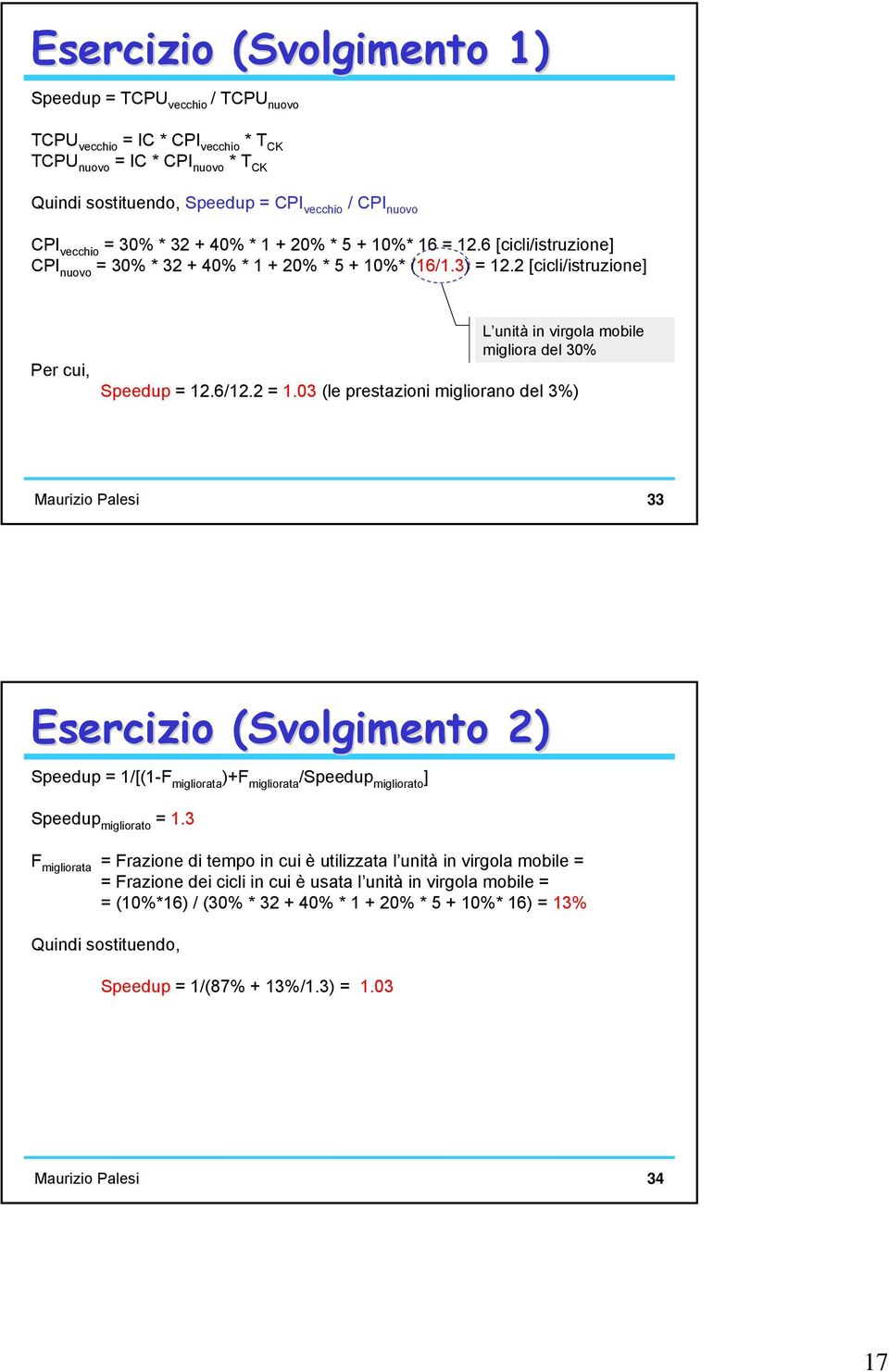 3 F migliorata Frazione di tempo in cui è utilizzata l unità in virgola mobile Frazione dei cicli in cui è usata l unità in virgola mobile (0%*6) / (30% * 32 + 40% * + 20% * 5 + 0%* 6) 3% Quindi