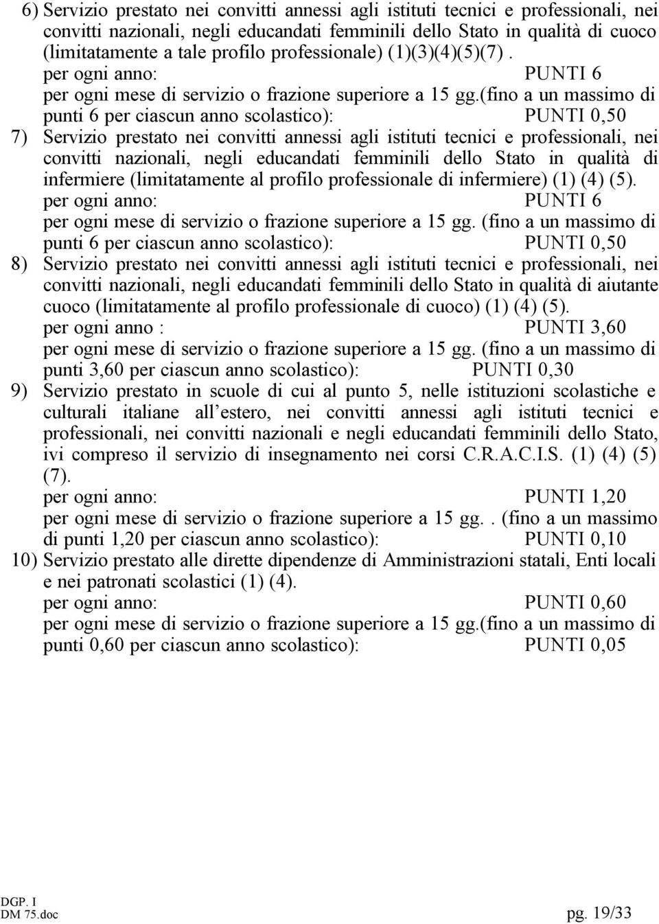 (fino a un massimo di punti 6 per ciascun anno scolastico): PUNTI 0,50 7) Servizio prestato nei convitti annessi agli istituti tecnici e professionali, nei convitti nazionali, negli educandati