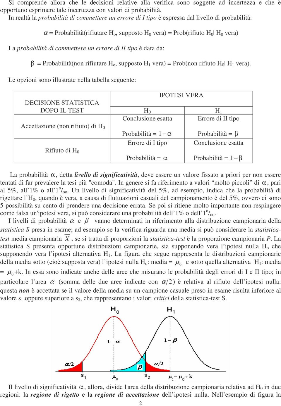 commettere un errore di II tipo è data da: β = Probabilità(non rifiutare H o, supposto H vera) = Prob(non rifiuto H 0 H vera).