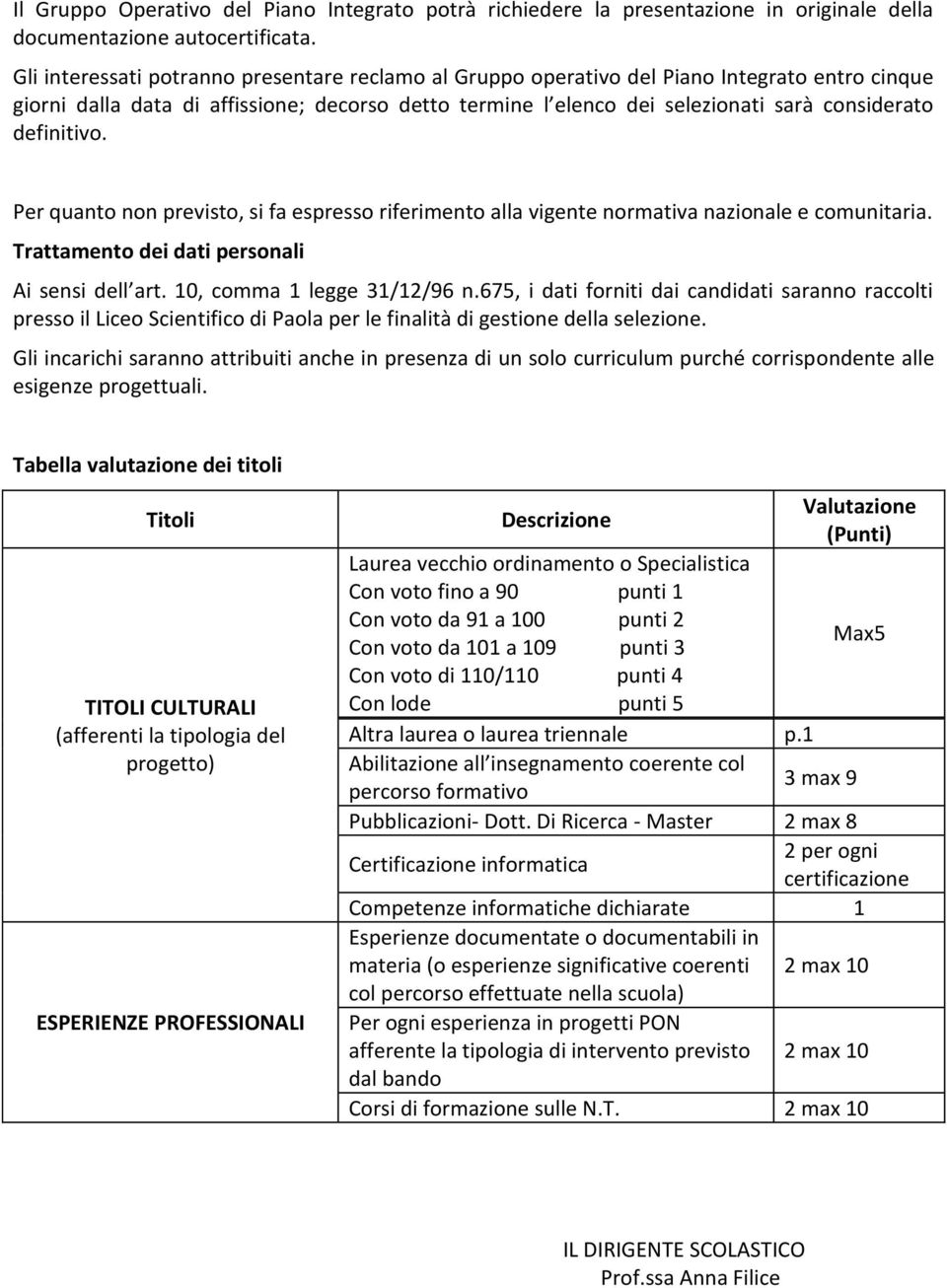 definitivo. Per quanto non previsto, si fa espresso riferimento alla vigente normativa nazionale e comunitaria. Trattamento dei dati personali Ai sensi dell art. 10, comma 1 legge 31/12/96 n.