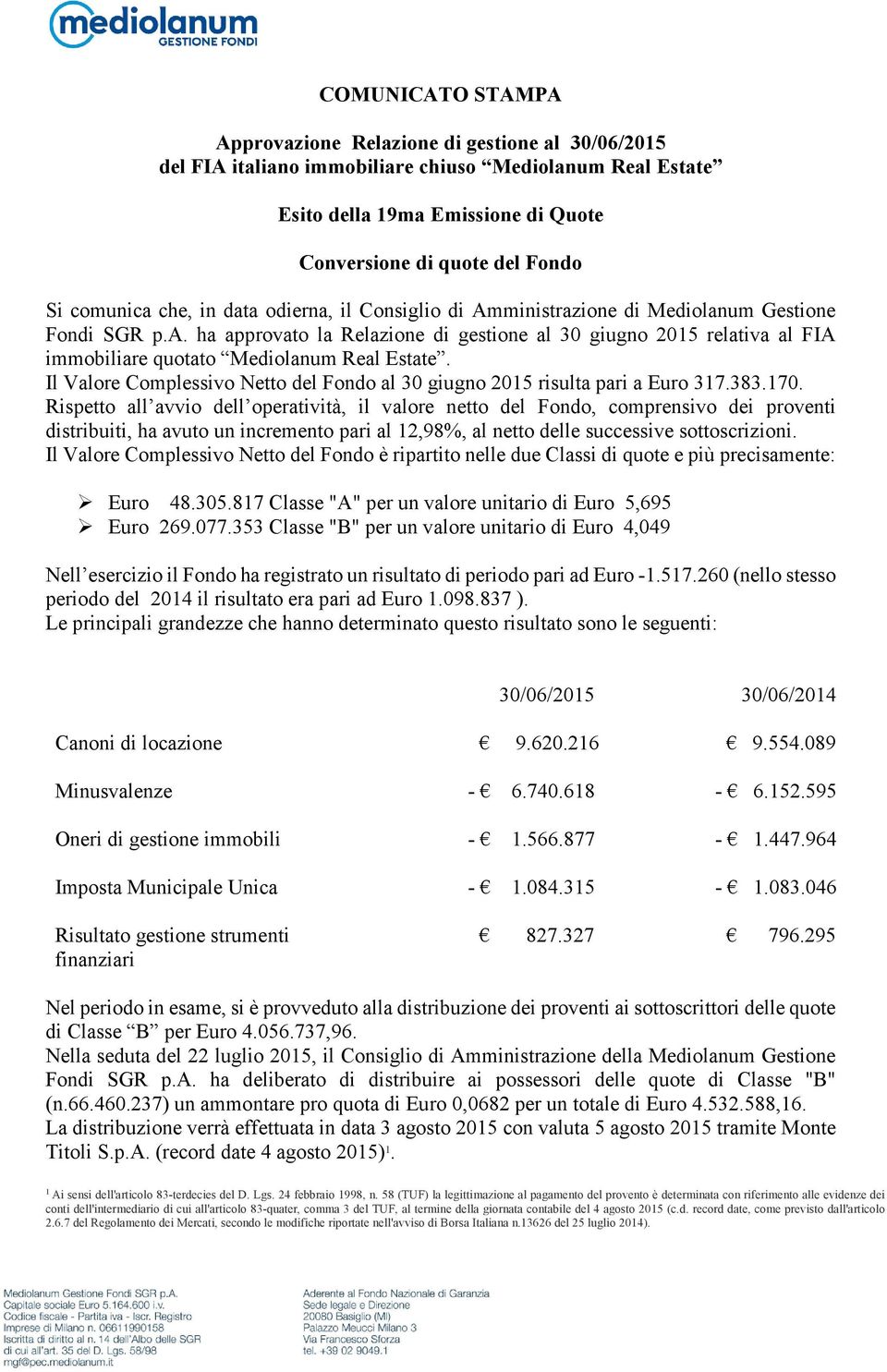 Il Valore Complessivo Netto del Fondo al 30 giugno 2015 risulta pari a Euro 317.383.170.