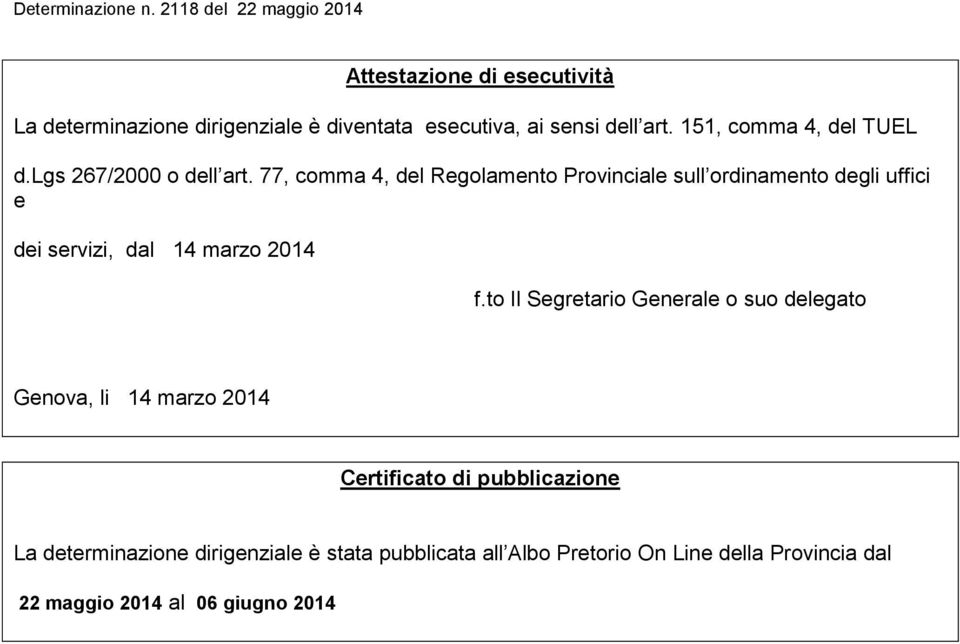 77, comma 4, del Regolamento Provinciale sull ordinamento degli uffici e dei servizi, dal 14 marzo 2014 f.