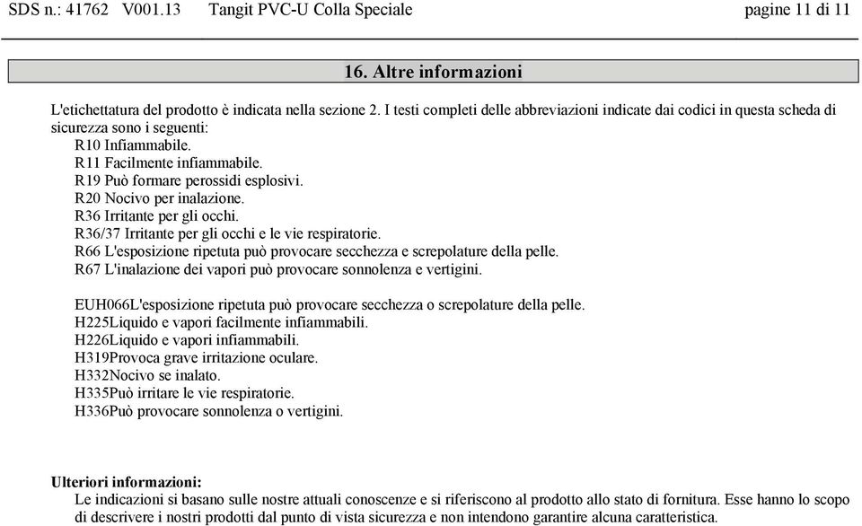 R20 Nocivo per inalazione. R36 Irritante per gli occhi. R36/37 Irritante per gli occhi e le vie respiratorie. R66 L'esposizione ripetuta può provocare secchezza e screpolature della pelle.