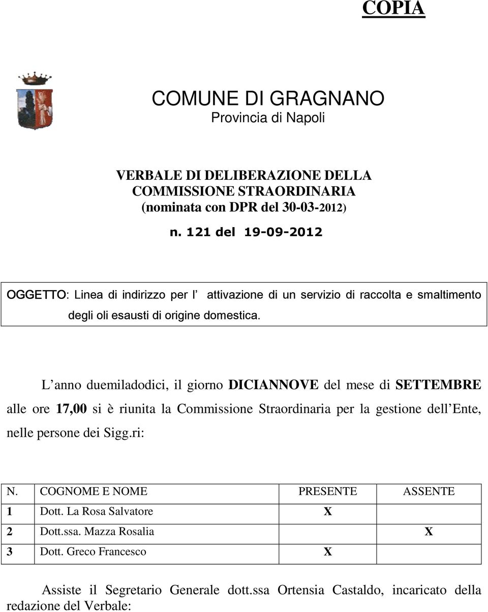 L anno duemiladodici, il giorno DICIANNOVE del mese di SETTEMBRE alle ore 17,00 si è riunita la Commissione Straordinaria per la gestione dell Ente, nelle persone dei