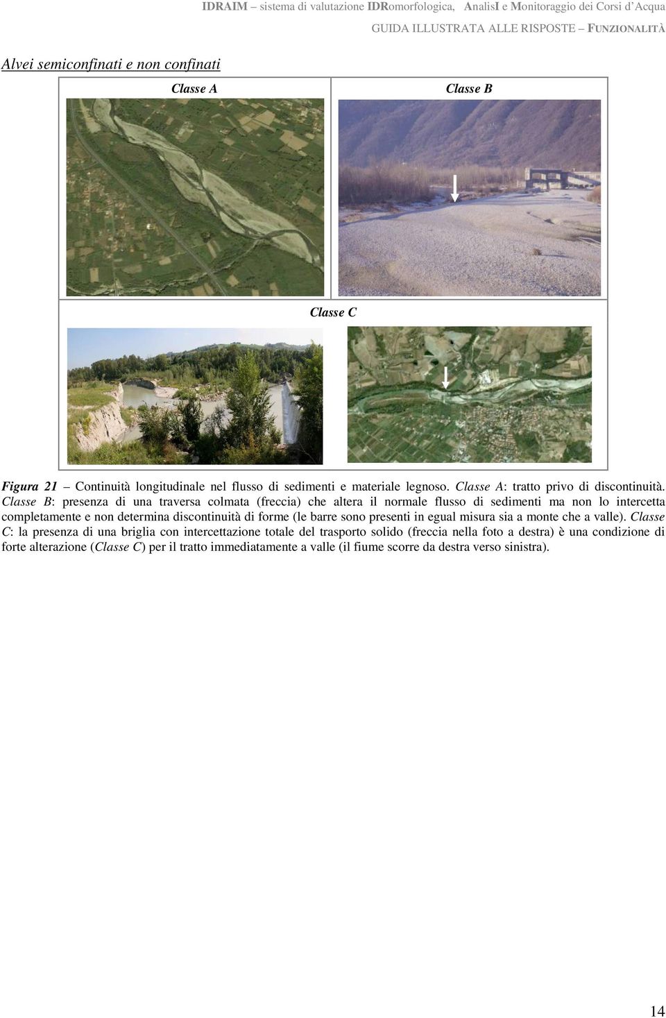 Classe B: presenza di una traversa colmata (freccia) che altera il normale flusso di sedimenti ma non lo intercetta completamente e non determina discontinuità di forme (le