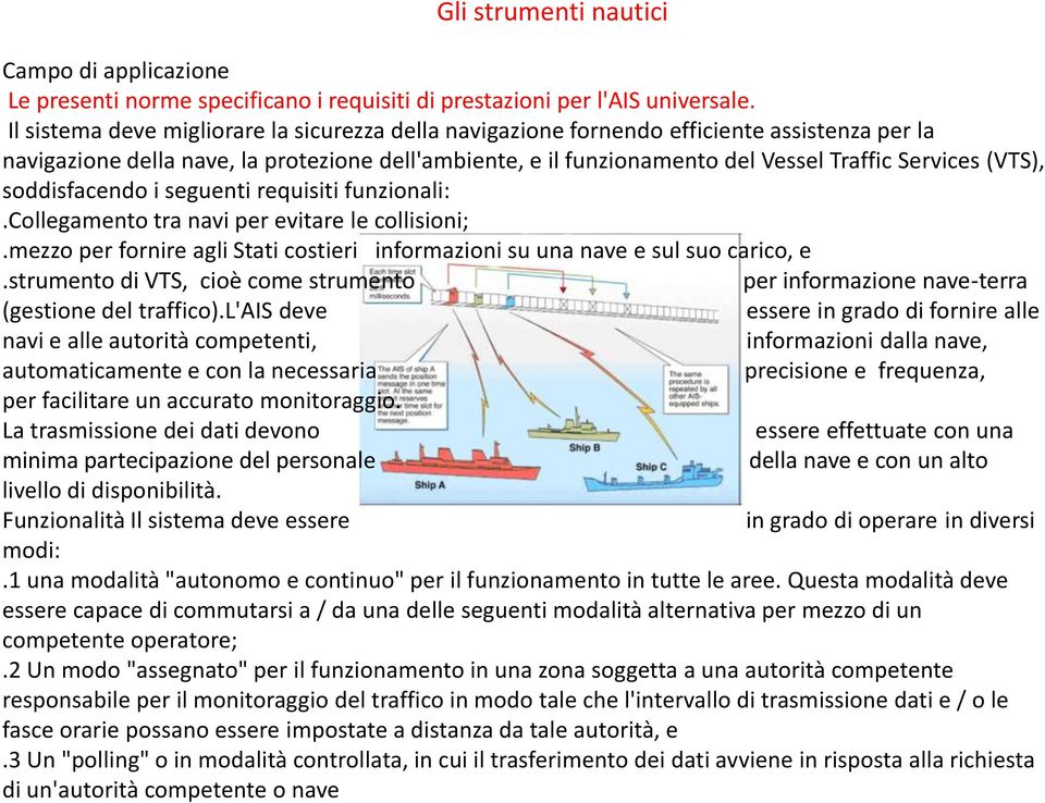 (VTS), soddisfacendo i seguenti requisiti funzionali:.collegamento tra navi per evitare le collisioni;.mezzo per fornire agli Stati costieri informazioni su una nave e sul suo carico, e.