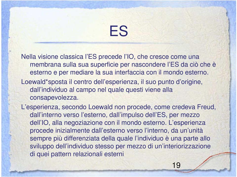 L esperienza, secondo Loewald non procede, come credeva Freud, dall interno verso l esterno, dall impulso dell ES, per mezzo dell IO, alla negoziazione con il mondo esterno.