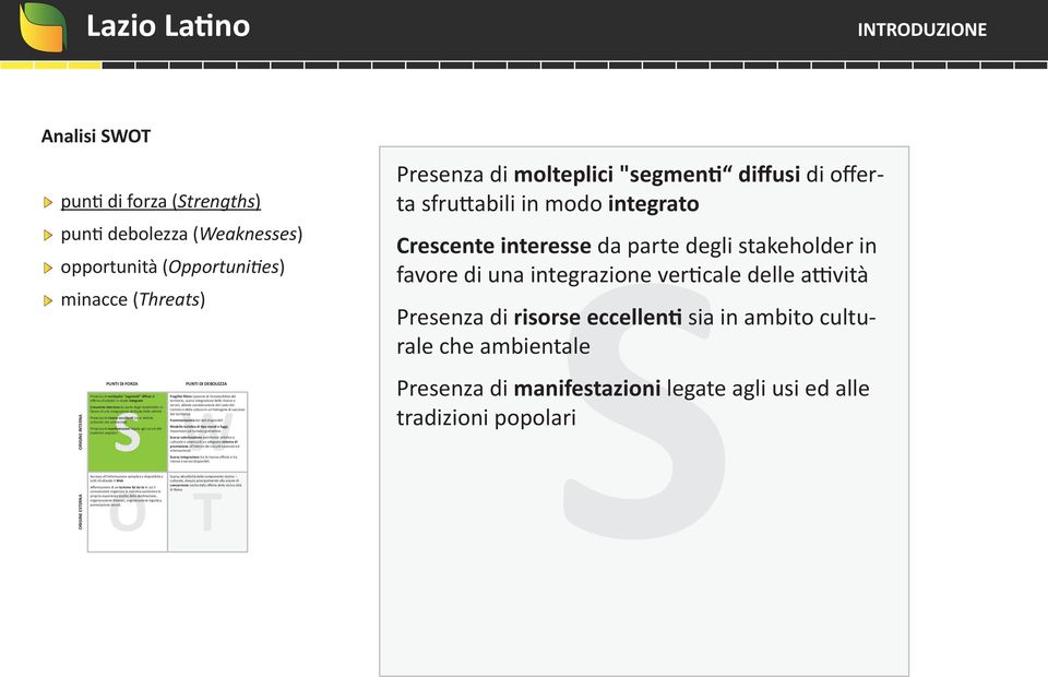 in ambito culturale che ambientale Presenza di manifestazioni legate agli usi ed alle tradizioni popolari PUNTI DI DEBOLEZZA Fragilità ﬁliera (assenza di riconoscibilità del territorio, scarsa