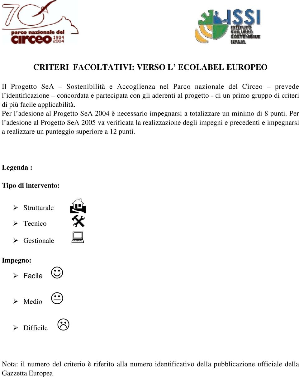 Per l adesione al Progetto SeA 2005 va verificata la realizzazione degli impegni e precedenti e impegnarsi a realizzare un punteggio superiore a 12 punti. Legenda : Tipo di intervento:!