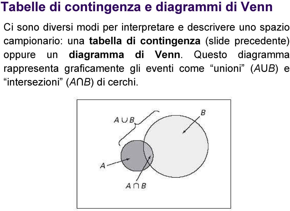 contingenza (slide precedente) oppure un diagramma di Venn.