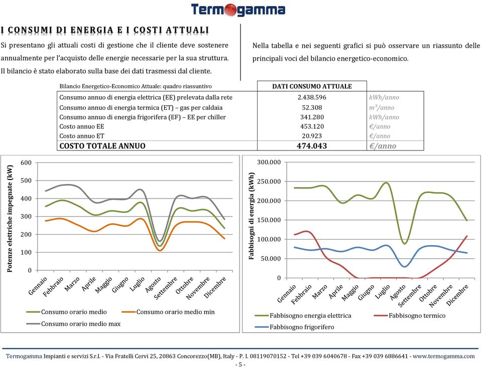 Potenze elettriche impegnate (kw) 6 5 4 3 2 1 Bilancio Energetico-Economico Attuale: quadro riassuntivo DATI CONSUMO ATTUALE Consumo annuo di energia elettrica (EE) prelevata dalla rete 2.438.