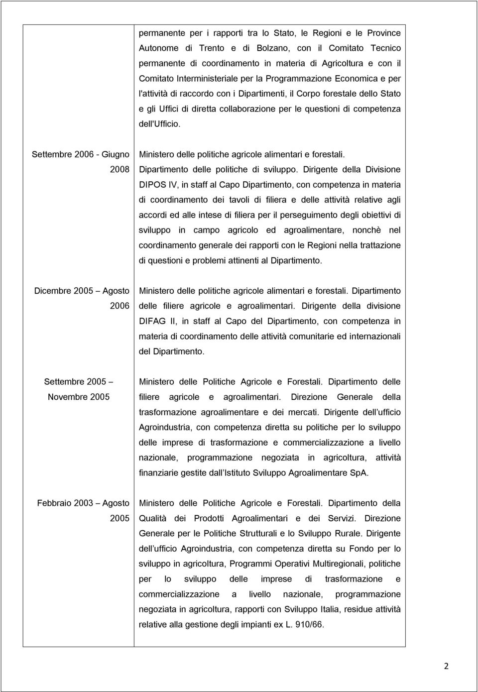 dell'ufficio. Settembre 2006 - Giugno 2008 Ministero delle politiche agricole alimentari e forestali. Dipartimento delle politiche di sviluppo.