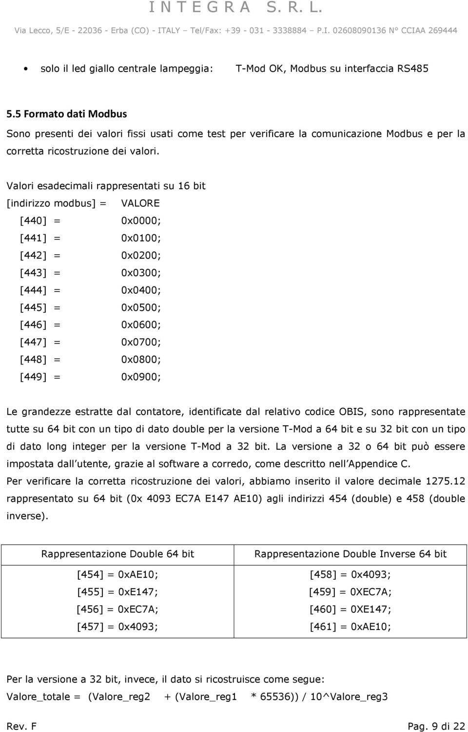 Valori esadecimali rappresentati su 16 bit [indirizzo modbus] = VALORE [440] = 0x0000; [441] = 0x0100; [442] = 0x0200; [443] = 0x0300; [444] = 0x0400; [445] = 0x0500; [446] = 0x0600; [447] = 0x0700;