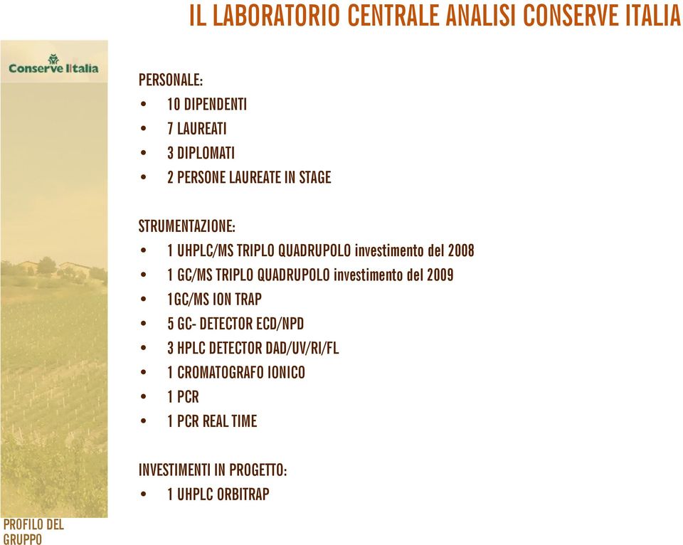 GC/MS TRIPLO QUADRUPOLO investimento del 2009 1GC/MS ION TRAP 5 GC- DETECTOR ECD/NPD 3 HPLC