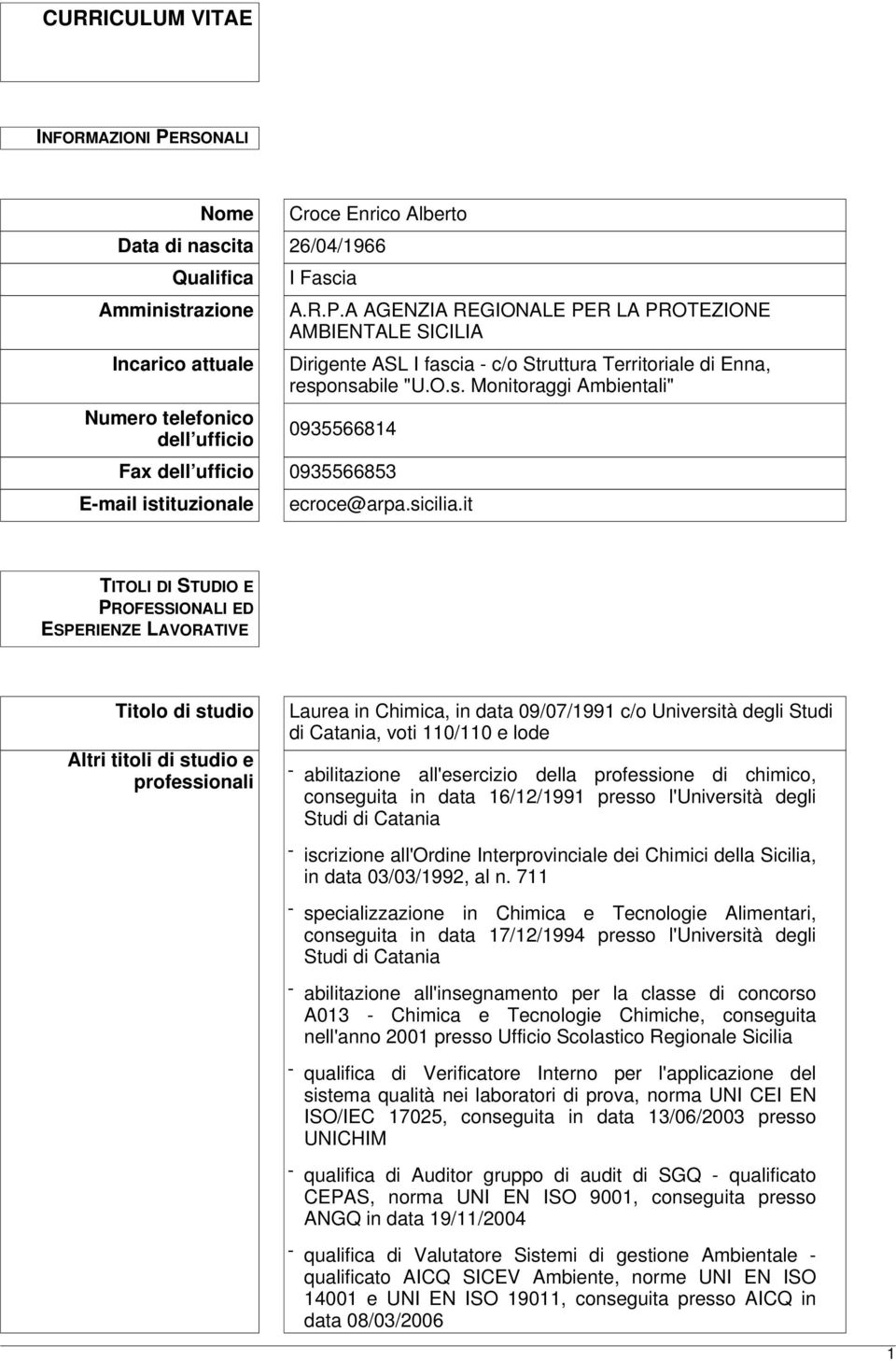 it TITOLI DI STUDIO E PROFESSIONALI ED ESPERIENZE LAVORATIVE Titolo di studio Altri titoli di studio e professionali Laurea in Chimica, in data 09/07/1991 c/o Università degli Studi di Catania, voti