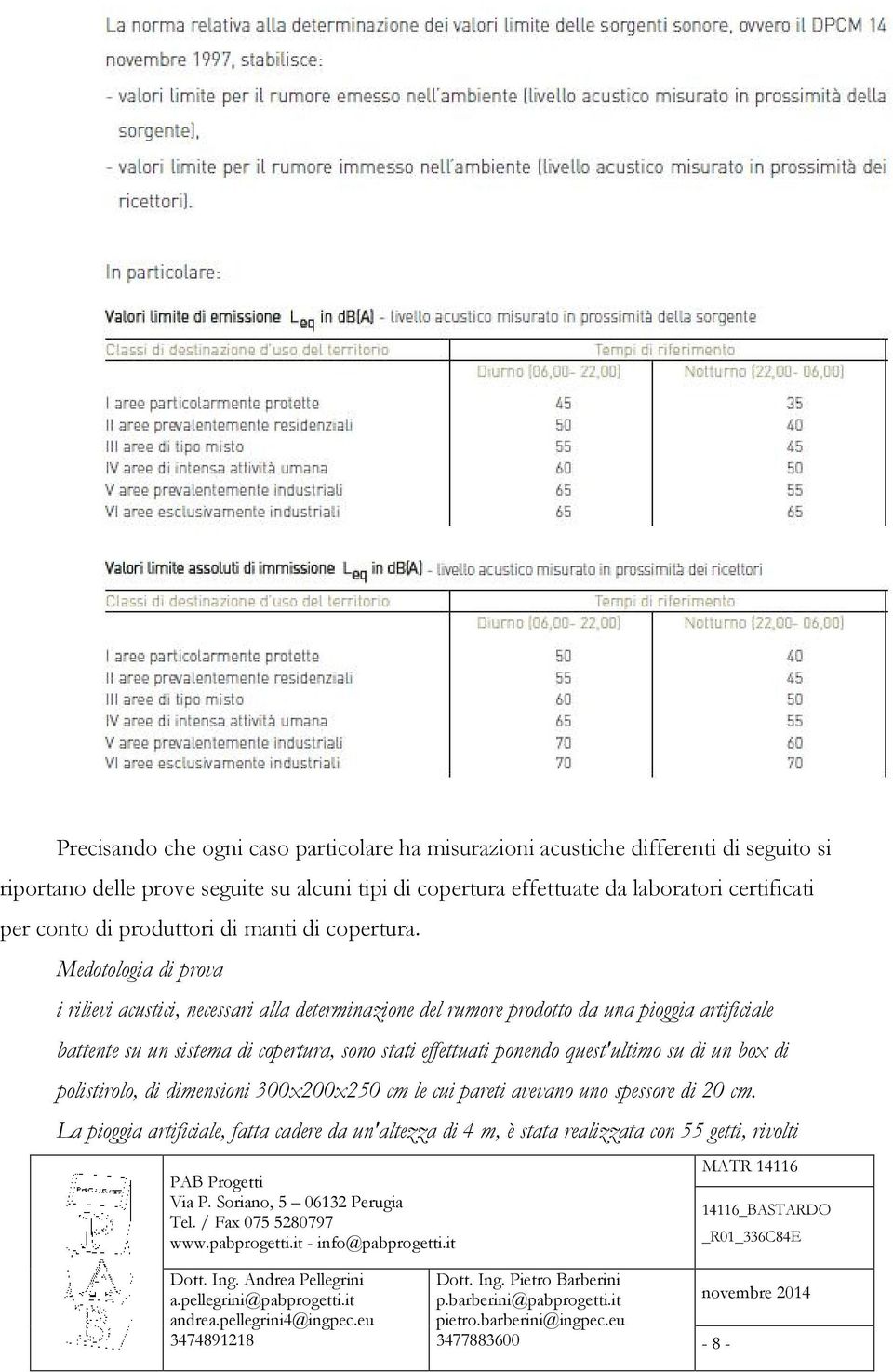 Medotologia di prova i rilievi acustici, necessari alla determinazione del rumore prodotto da una pioggia artificiale battente su un sistema di copertura,