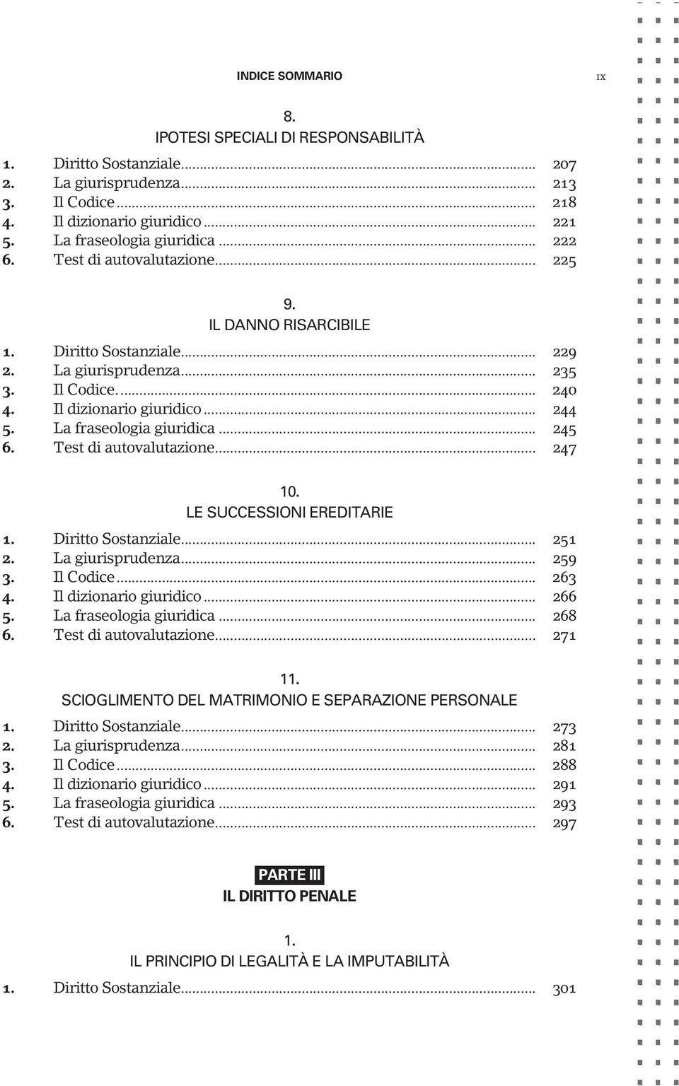 .. 245 6. Test di autovalutazione... 247 10. LE SUCCESSIONI EREDITARIE 1. Diritto Sostanziale... 251 2. La giurisprudenza... 259 3. Il Codice... 263 4. Il dizionario giuridico... 266 5.