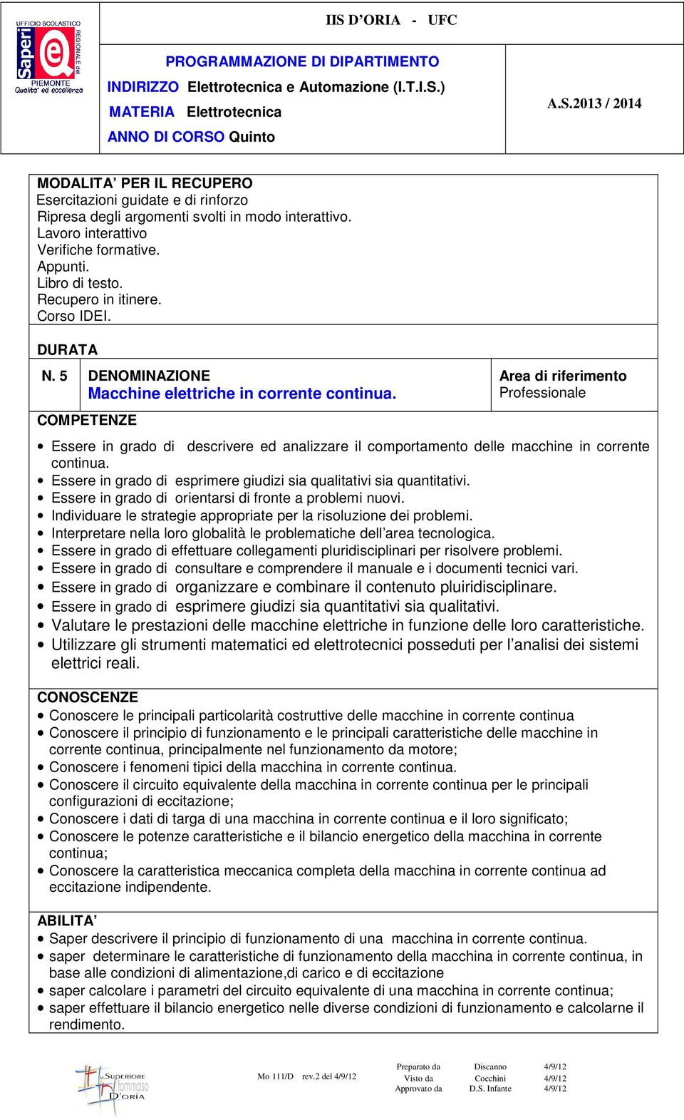 COMPETENZE Area di riferimento Professionale Essere in grado di descrivere ed analizzare il comportamento delle macchine in corrente continua.