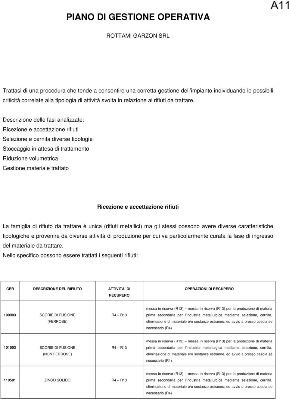 Descrizione delle fasi analizzate: Ricezione e accettazione rifiuti Selezione e cernita diverse tipologie Stoccaggio in attesa di trattamento Riduzione volumetrica Gestione materiale trattato