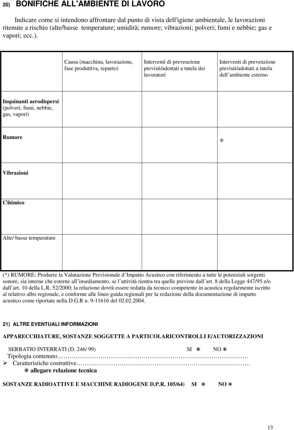 Causa (macchina, lavorazione, fase produttiva, reparto) Interventi di prevenzione previsti/adottati a tutela dei lavoratori Interventi di prevenzione previsti/adottati a tutela dell ambiente esterno