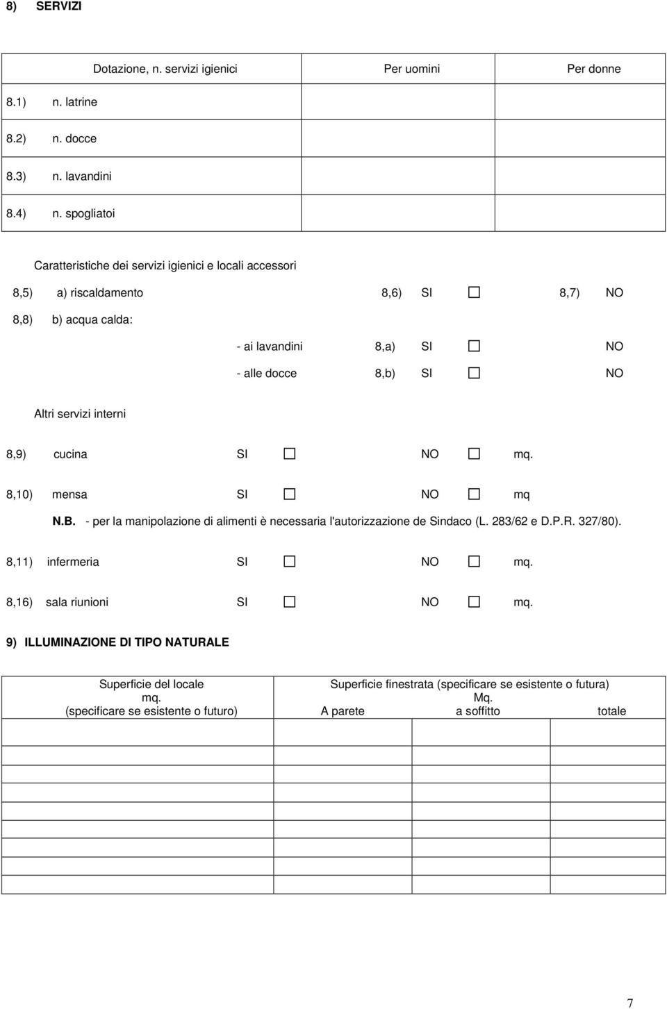 Altri servizi interni 8,9) cucina SI NO mq. 8,10) mensa SI NO mq N.B. - per la manipolazione di alimenti è necessaria l'autorizzazione de Sindaco (L. 283/62 e D.P.R. 327/80).