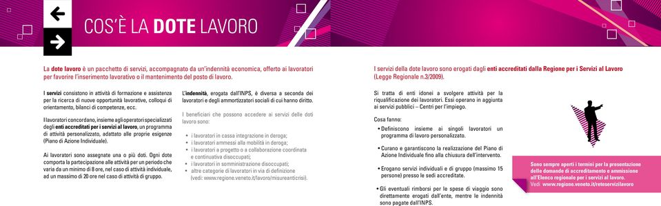 I servizi consistono in attività di formazione e assistenza per la ricerca di nuove opportunità lavorative, colloqui di orientamento, bilanci di competenze, ecc.