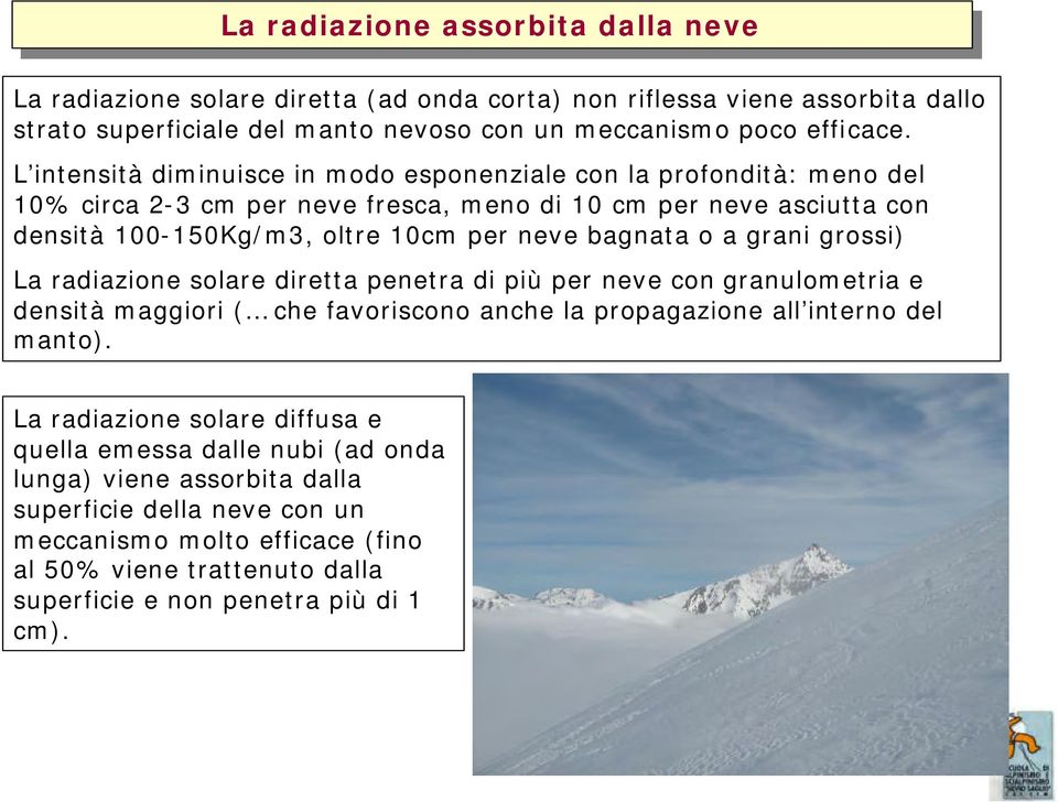 L intensità diminuisce in modo esponenziale con la profondità: meno del 10% circa 2-3 cm per neve fresca, meno di 10 cm per neve asciutta con densità 100-150Kg/m3, oltre 10cm per neve bagnata o a