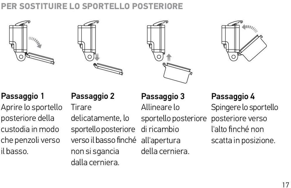 Passaggio 2 Tirare delicatamente, lo sportello posteriore verso il basso finché non si sgancia dalla