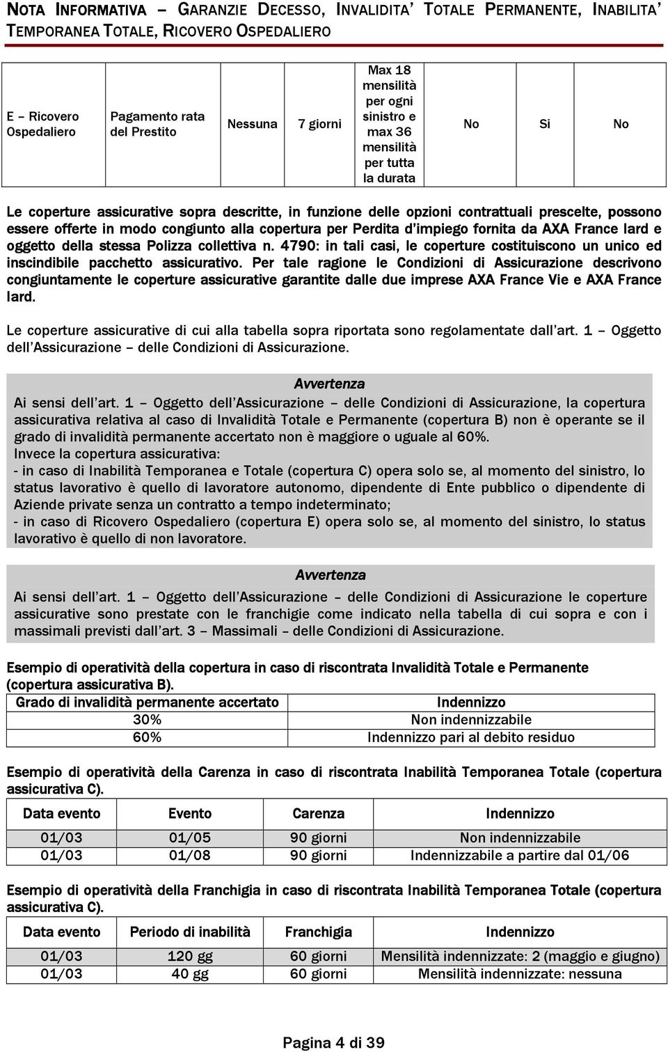 congiunto alla copertura per Perdita d impiego fornita da AXA France Iard e oggetto della stessa Polizza collettiva n.