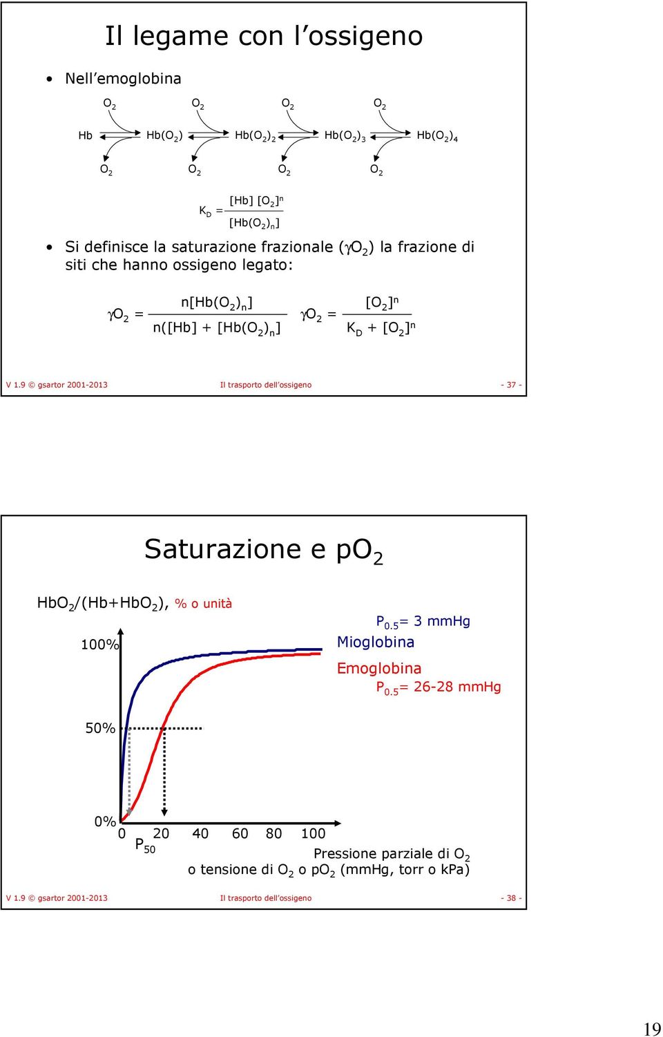 2 ] n V 1.9 gsartor 2001-2013 Il trasporto dell ossigeno - 37 - Saturazione e po 2 HbO 2 /(Hb+HbO 2 ), % o unità 100% P 0.5 = 3 mmhg Mioglobina Emoglobina P 0.