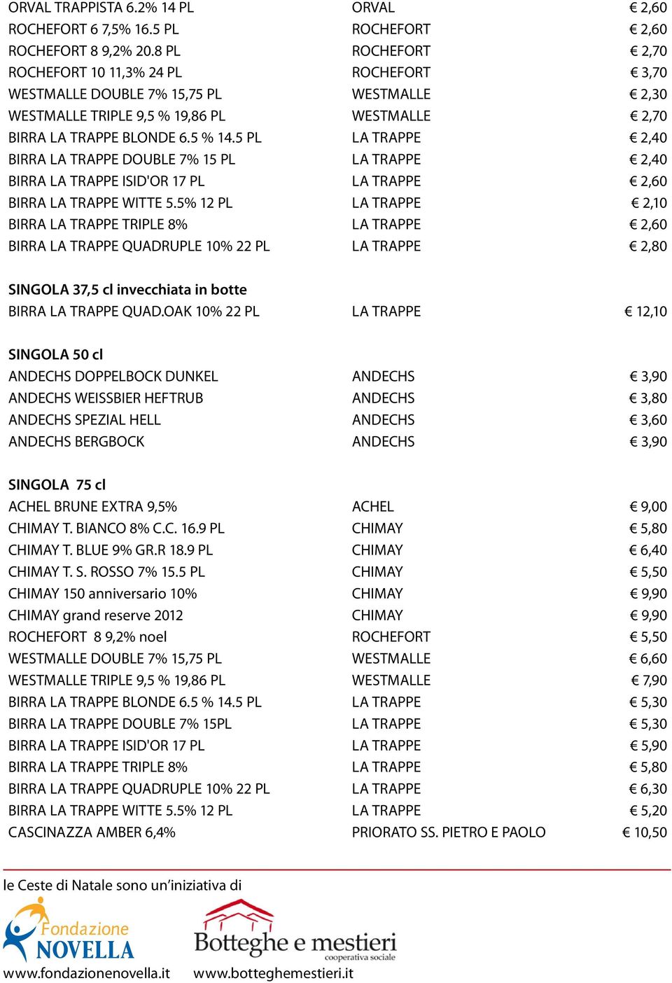 5 PL LA TRAPPE 2,40 BIRRA LA TRAPPE DOUBLE 7% 15 PL LA TRAPPE 2,40 BIRRA LA TRAPPE ISID'OR 17 PL LA TRAPPE 2,60 BIRRA LA TRAPPE WITTE 5.