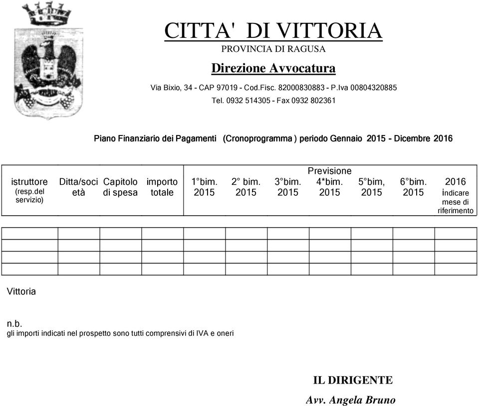 0932 514305 - Fax 0932 802361 Piano Finanziario dei Pagamenti (Cronoprogramma ) periodo Gennaio - Dicembre 2016 istruttore (resp.