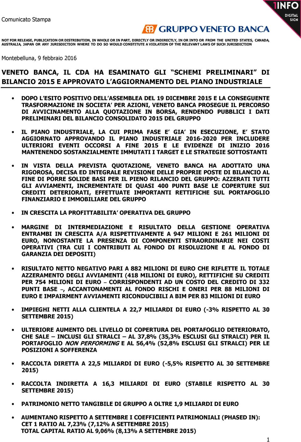 PIANO INDUSTRIALE, LA CUI PRIMA FASE E GIA IN ESECUZIONE, E STATO AGGIORNATO APPROVANDO IL PIANO INDUSTRIALE 2016-2020 PER INCLUDERE ULTERIORI EVENTI OCCORSI A FINE 2015 E LE EVIDENZE DI INIZIO 2016