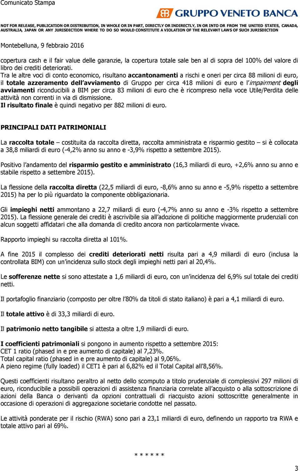 impairment degli avviamenti riconducibili a BIM per circa 83 milioni di euro che è ricompreso nella voce Utile/Perdita delle attività non correnti in via di dismissione.