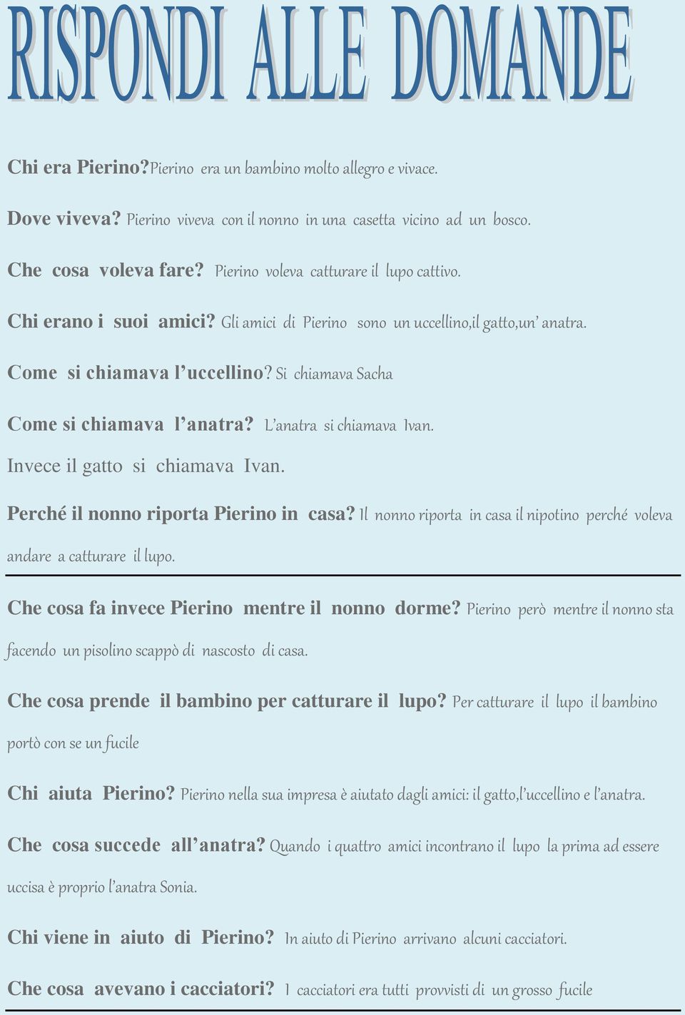 L anatra si chiamava Ivan. Invece il gatto si chiamava Ivan. Perché il nonno riporta Pierino in casa? Il nonno riporta in casa il nipotino perché voleva andare a catturare il lupo.