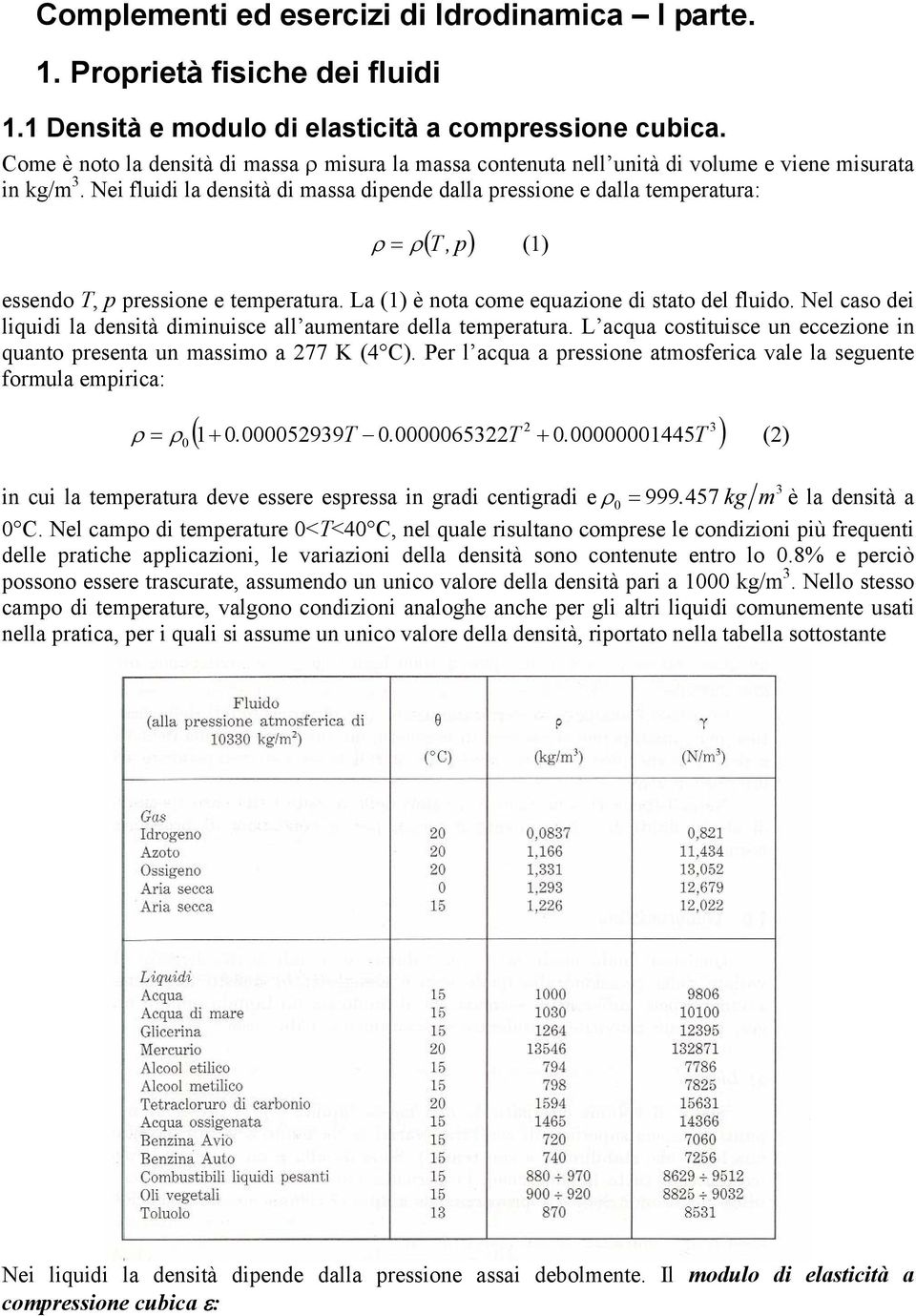 Nei fluidi la densità di massa diende dalla ressione e dalla temeratura: ( T, ) ρ ρ () essendo T, ressione e temeratura. La () è nota come equazione di stato del fluido.