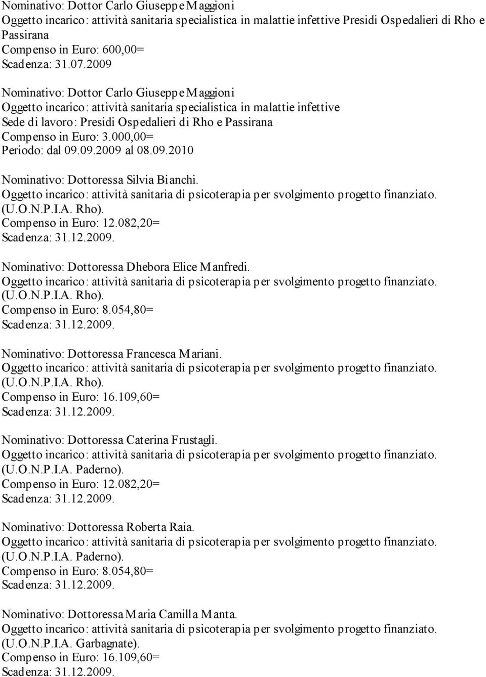 000,00= Periodo: dal 09.09.2009 al 08.09.2010 Nominativo: Dottoressa Silvia Bianchi. (U.O.N.P.I.A. Rho). Compenso in Euro: 12.082,20= Nominativo: Dottoressa Dhebora Elice M anfredi. (U.O.N.P.I.A. Rho). Nominativo: Dottoressa Francesca M ariani.