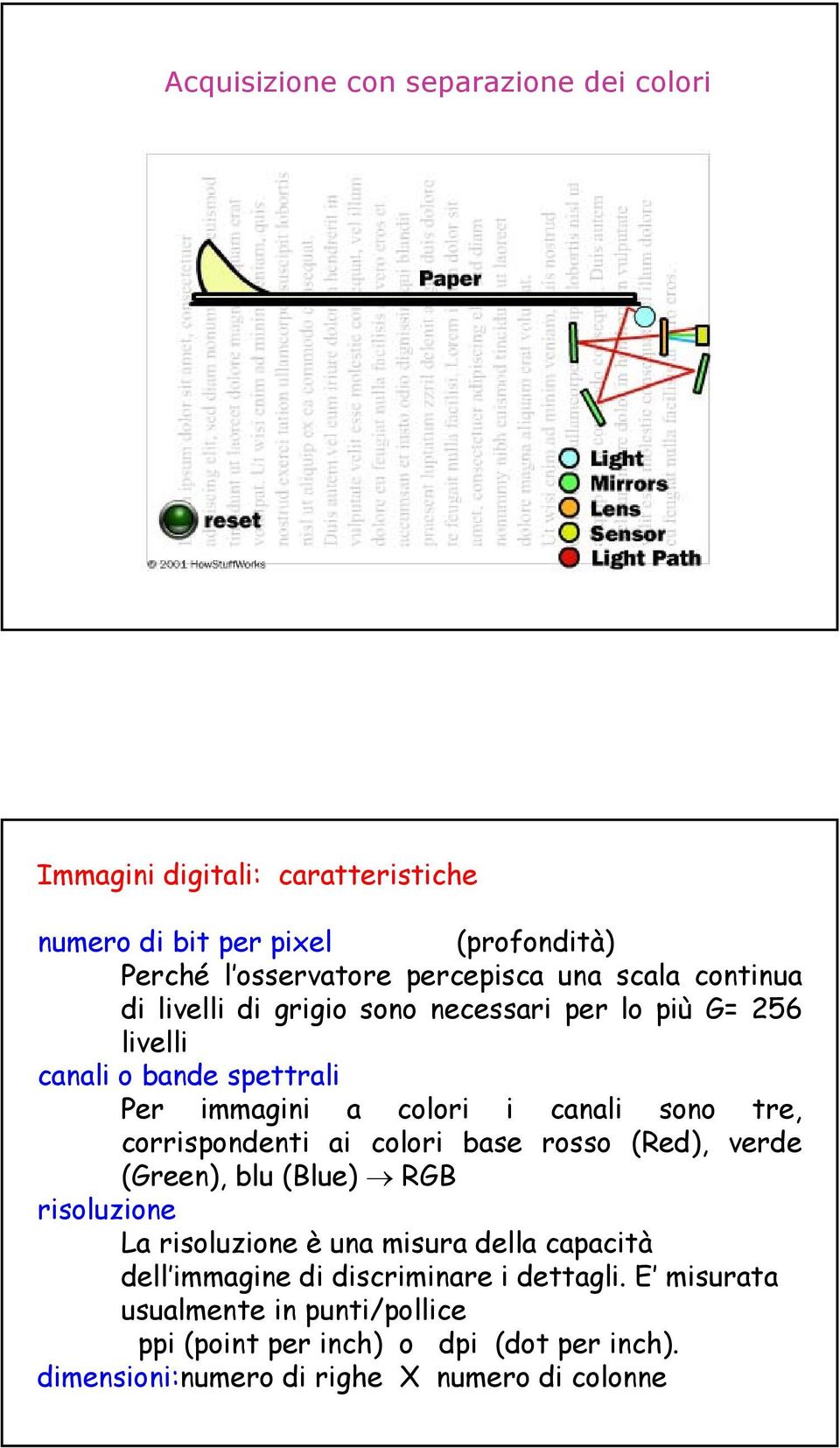 corrispondenti ai colori base rosso (Red), verde (Green), blu (Blue) RGB risoluzione La risoluzione è una misura della capacità dell immagine di
