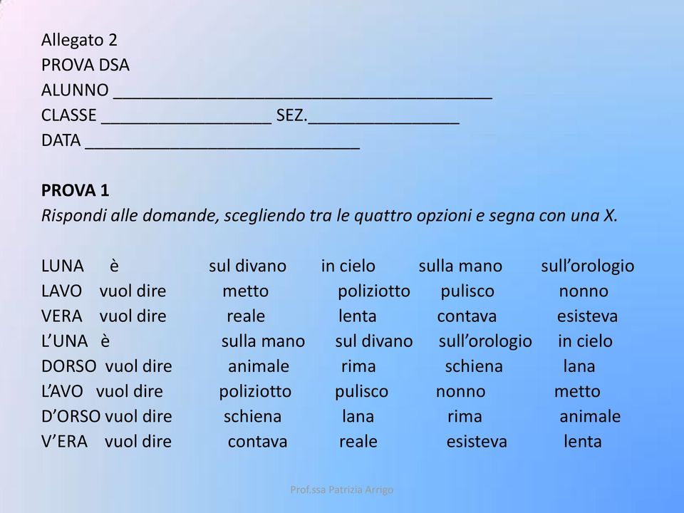 LUNA è sul divano in cielo sulla mano sull orologio LAVO vuol dire metto poliziotto pulisco nonno VERA vuol dire reale lenta