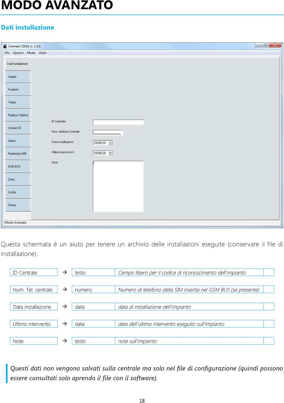 centrale numero Numero di telefono della SIM inserita nel GSM BUS (se presente) Data installazione data data di installazione dell impianto Ultimo intervento