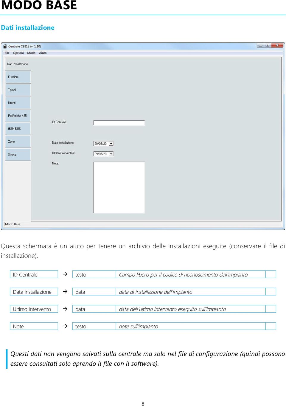 ID Centrale testo Campo libero per il codice di riconoscimento dell impianto Data installazione data data di installazione dell impianto