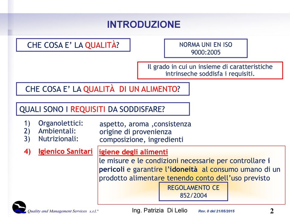 1) Organolettici: 2) Ambientali: 3) Nutrizionali: 4) Igienico Sanitari aspetto, aroma,consistenza origine di provenienza composizione,